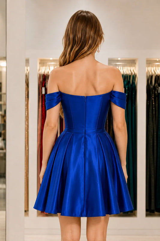 Royal Blue Off Shoulder Satin Hoco Dress A-Line Homecoming Dress