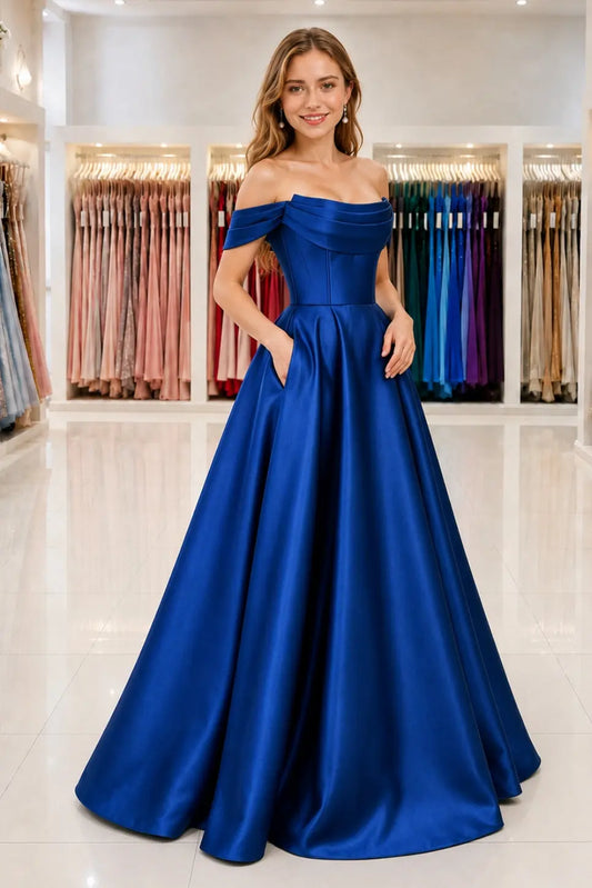 A-Line Satin Long Prom Dress, Simple Off the Shoulder Evening Party Dress With Pockets KAIDRESS