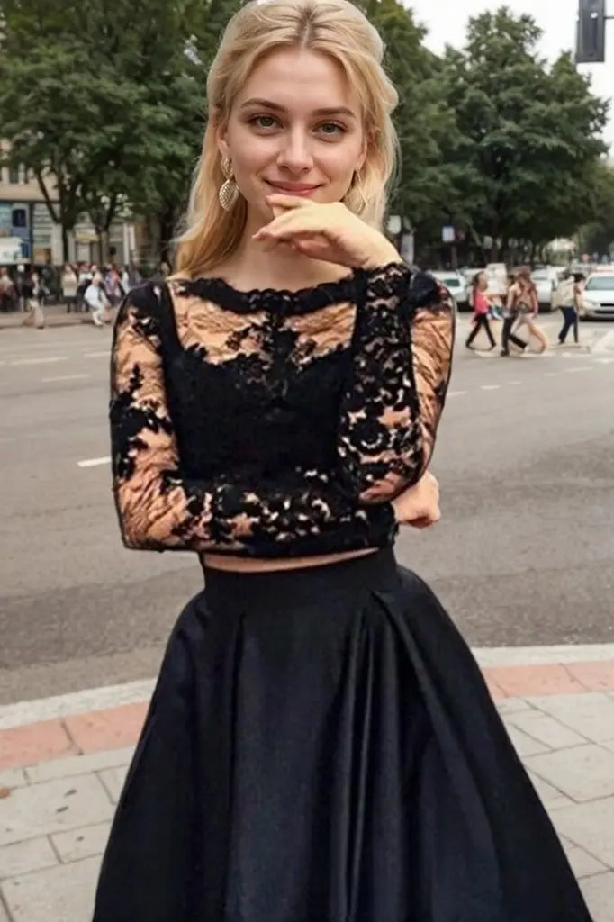 Satin Black Two Piece Prom Dresses Long Sleeve Long Evening Gowns
