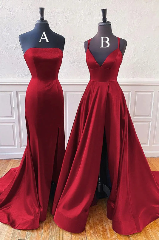 Satin Burgundy Formal Prom Dress with Slit Princess Long Evening Gowns