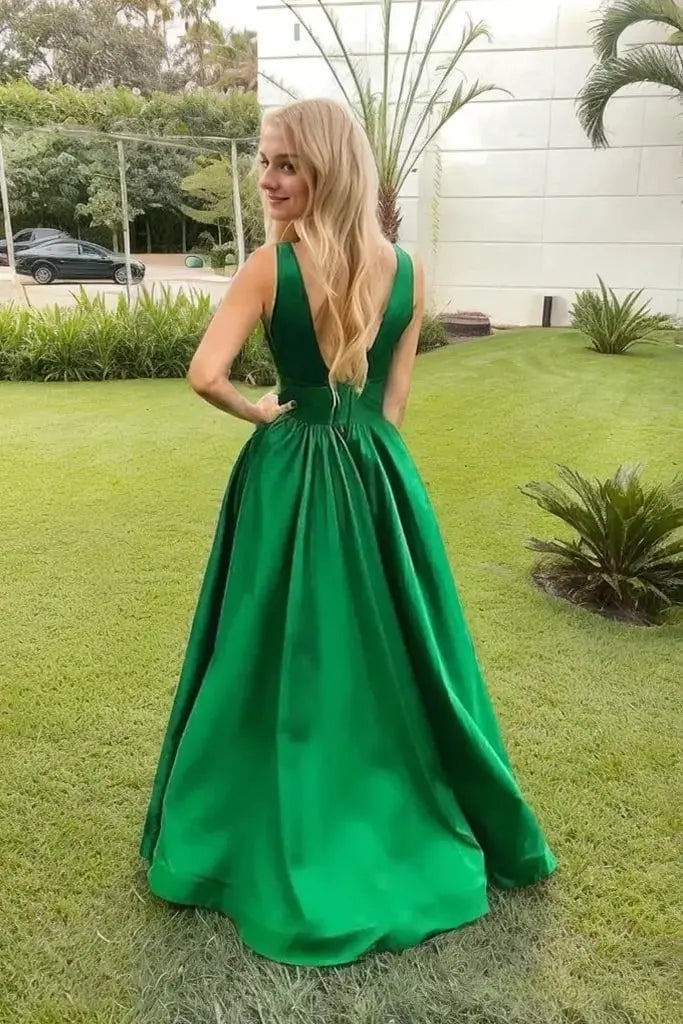 Satin Green Formal Prom Dress V-neck Princess Long Modest Evening Gowns