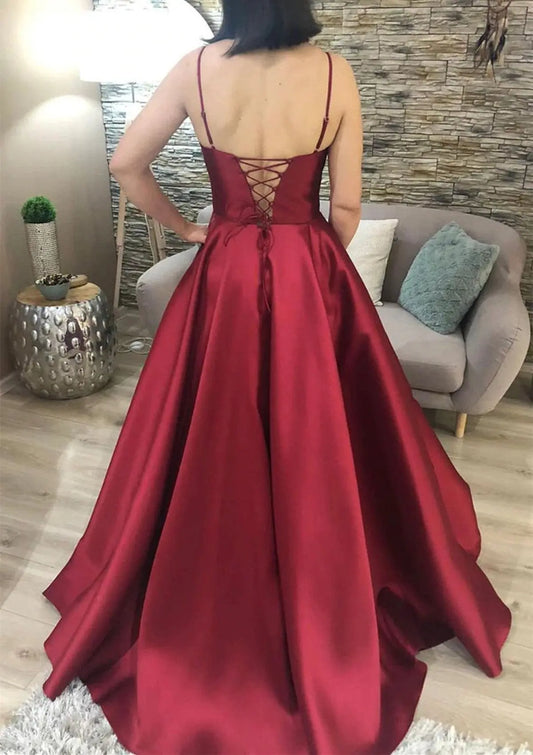 Satin Green Halter Formal Prom Dress with Pocket Modest Evening Gowns
