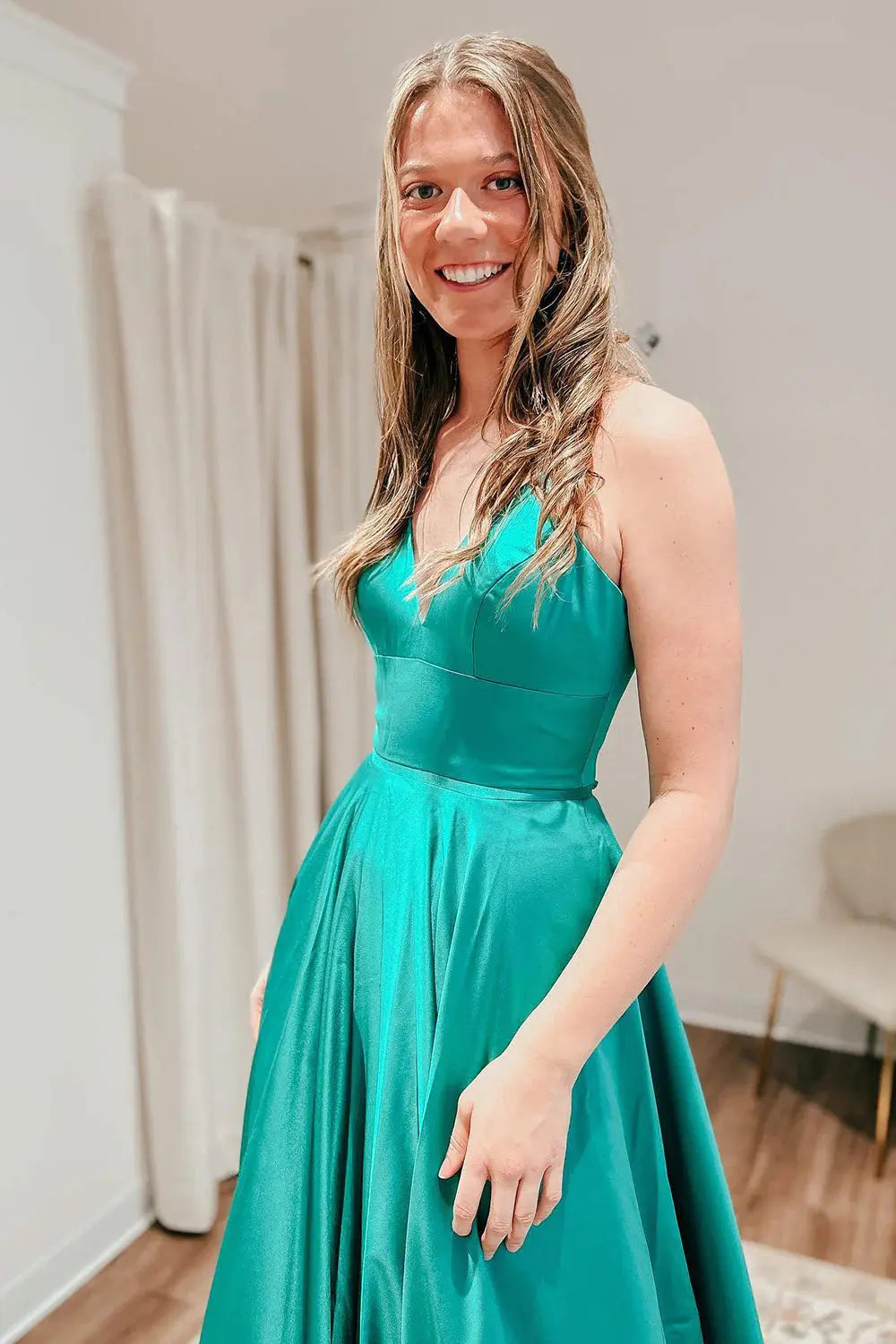 Satin Green Simple Prom Dresses Princess Long Formal Evening Gowns
