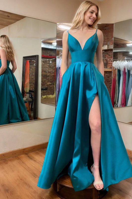 Satin Halter Black Formal Prom Dresses Split Long Modest Evening Gowns