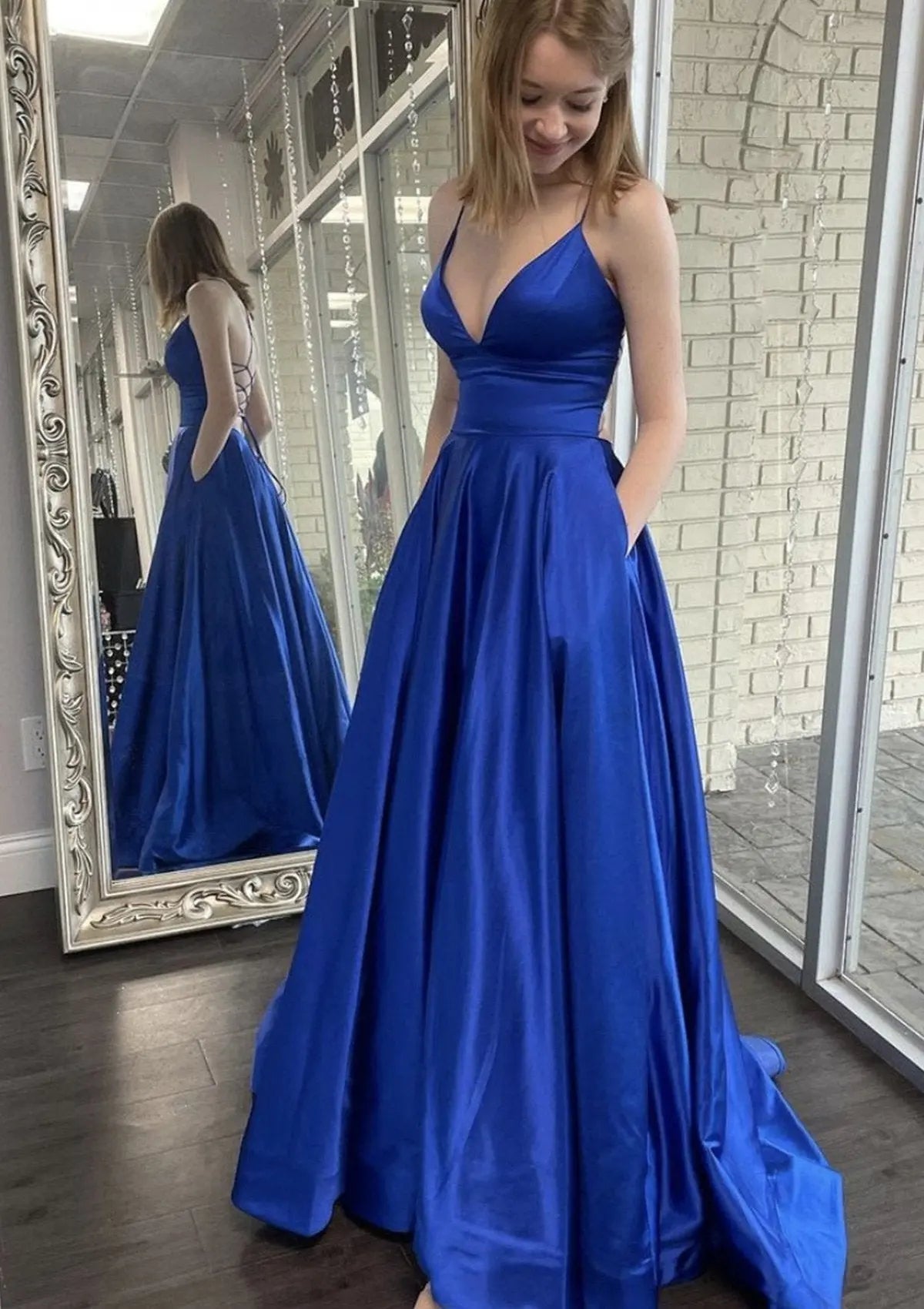 Satin Royal Blue Formal Prom Dress with Pocket Princess Evening Gowns