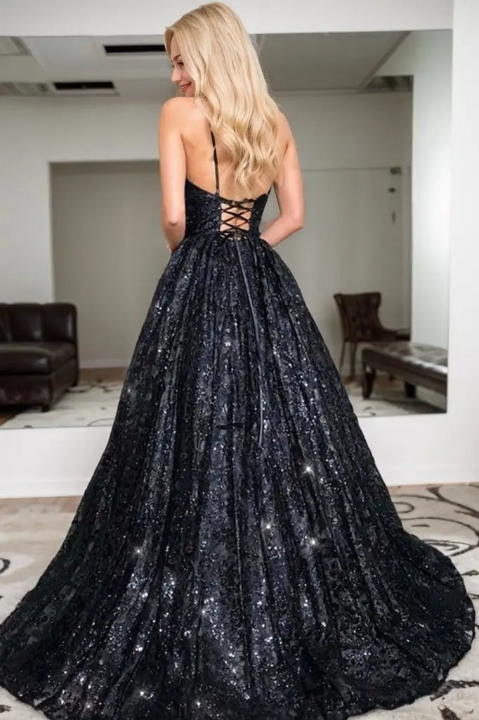 Sequins Black Lace Prom Dresses Halter Long Formal Evening Gowns