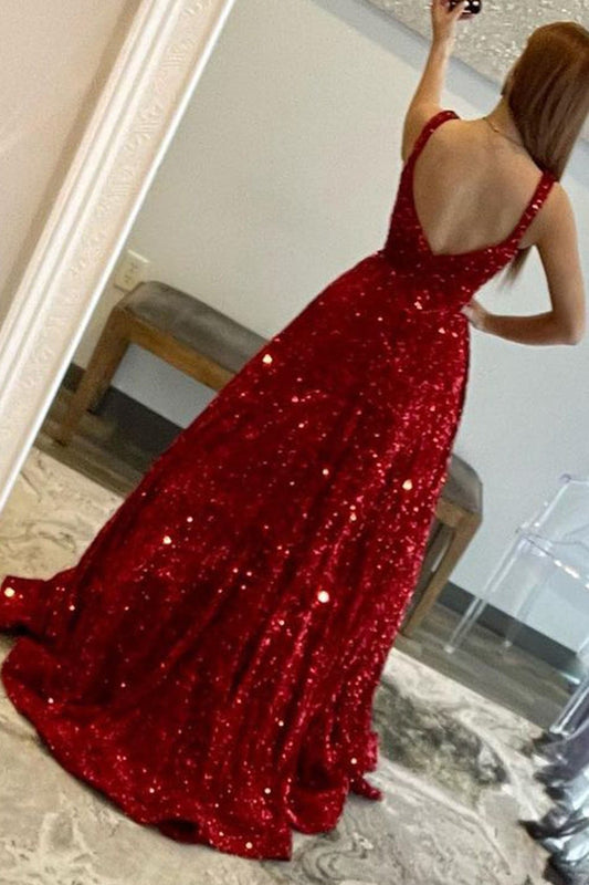 Sequins Burgundy Prom Dresses with Pocket Sparkly Long Evening Gowns