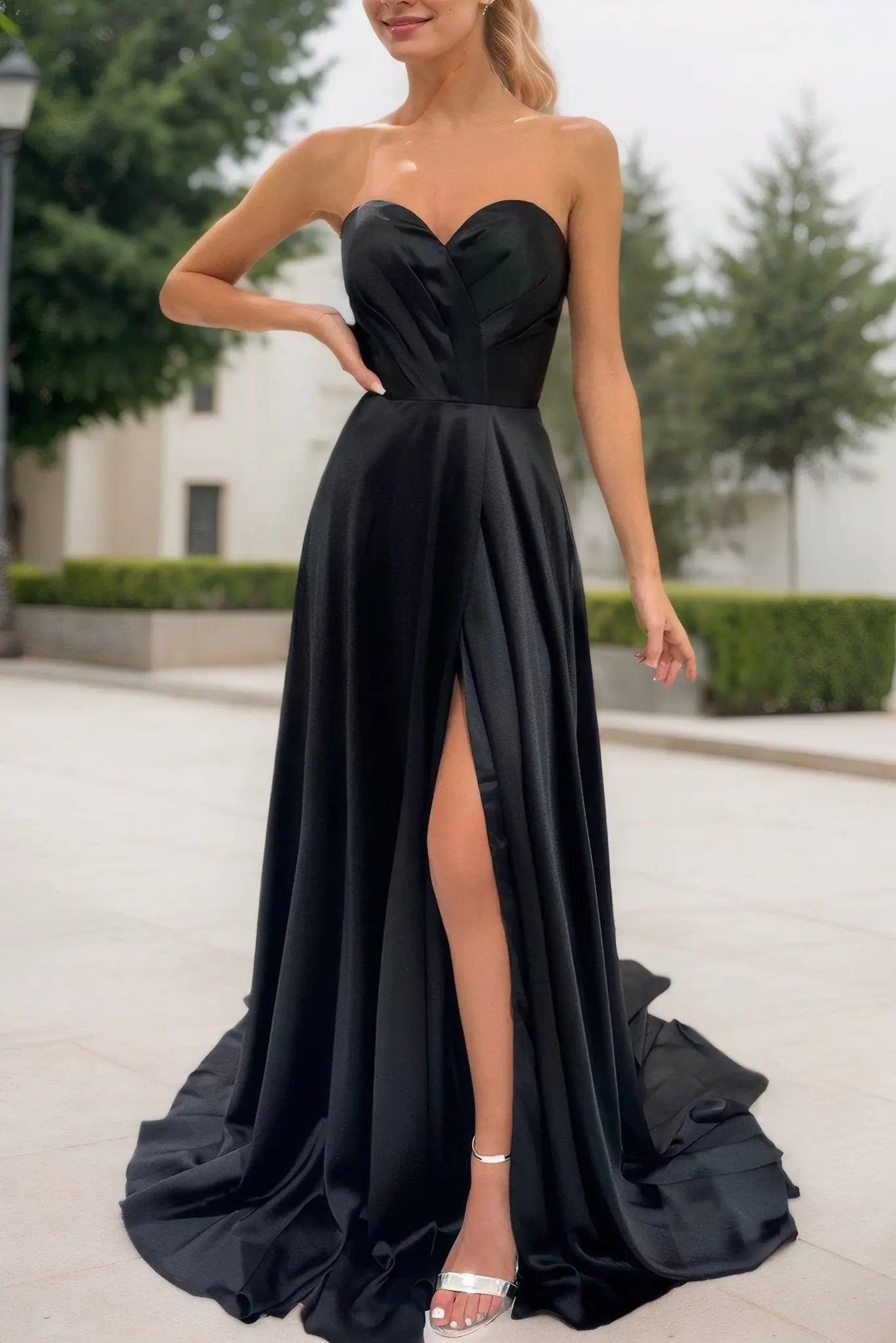 Silk Emerald Green Formal Prom Dress Slit Princess Long Evening Gowns