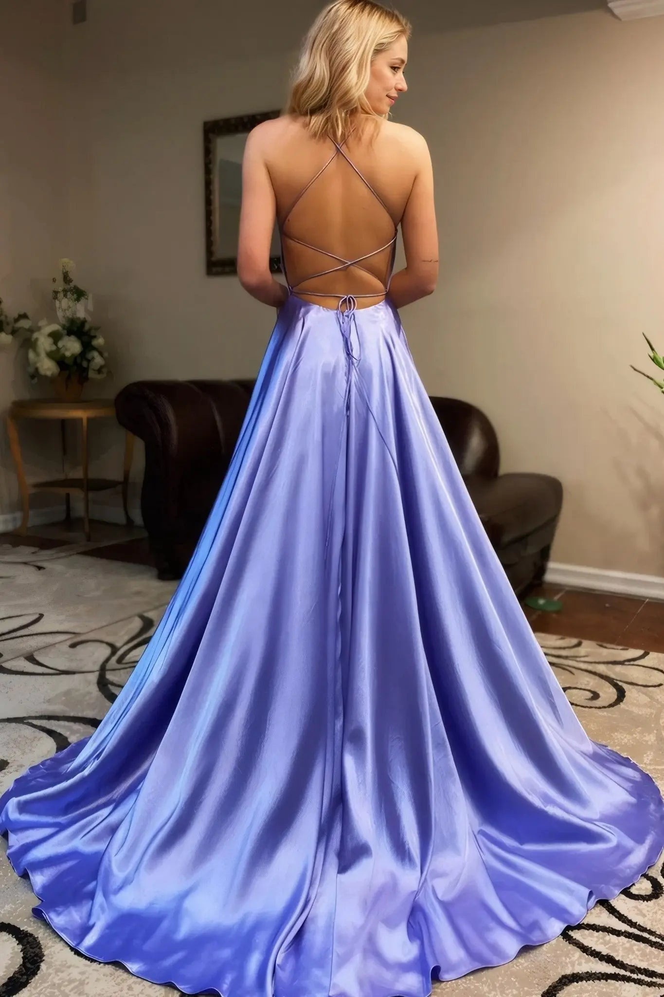 Silk Lavender Formal Prom Dresses Split Princess Long Evening Gowns