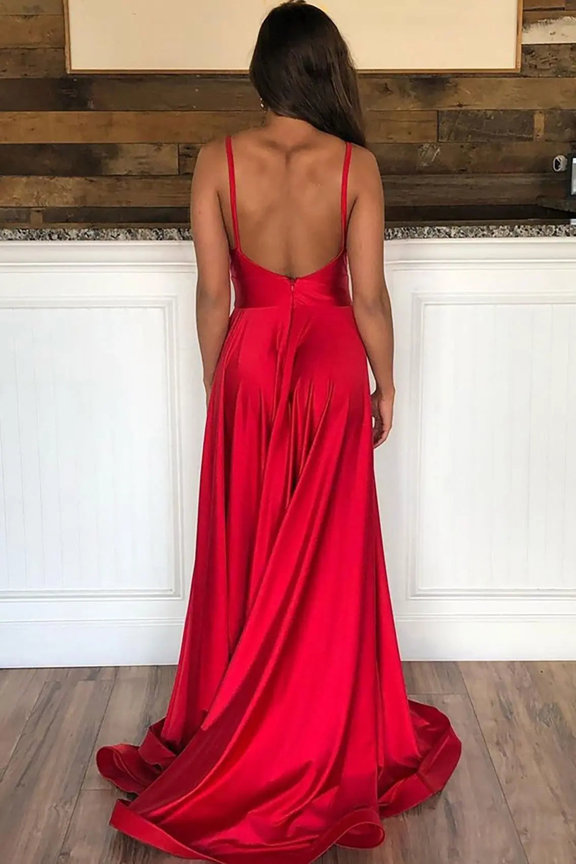Silk Red Formal Prom Dress with Split V-neck Halter Long Evening Gowns