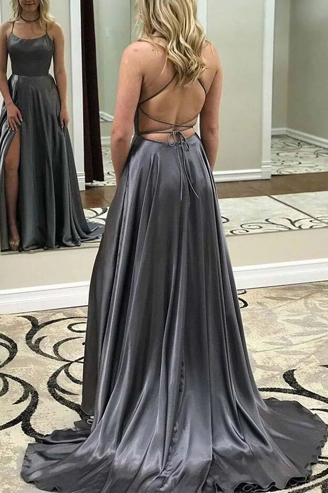 Silk Royal Blue Formal Prom Dresses Slit Halter Long Evening Gowns