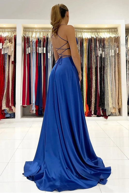 Silk Royal Blue Formal Prom Dresses Split Princess Long Evening Gowns