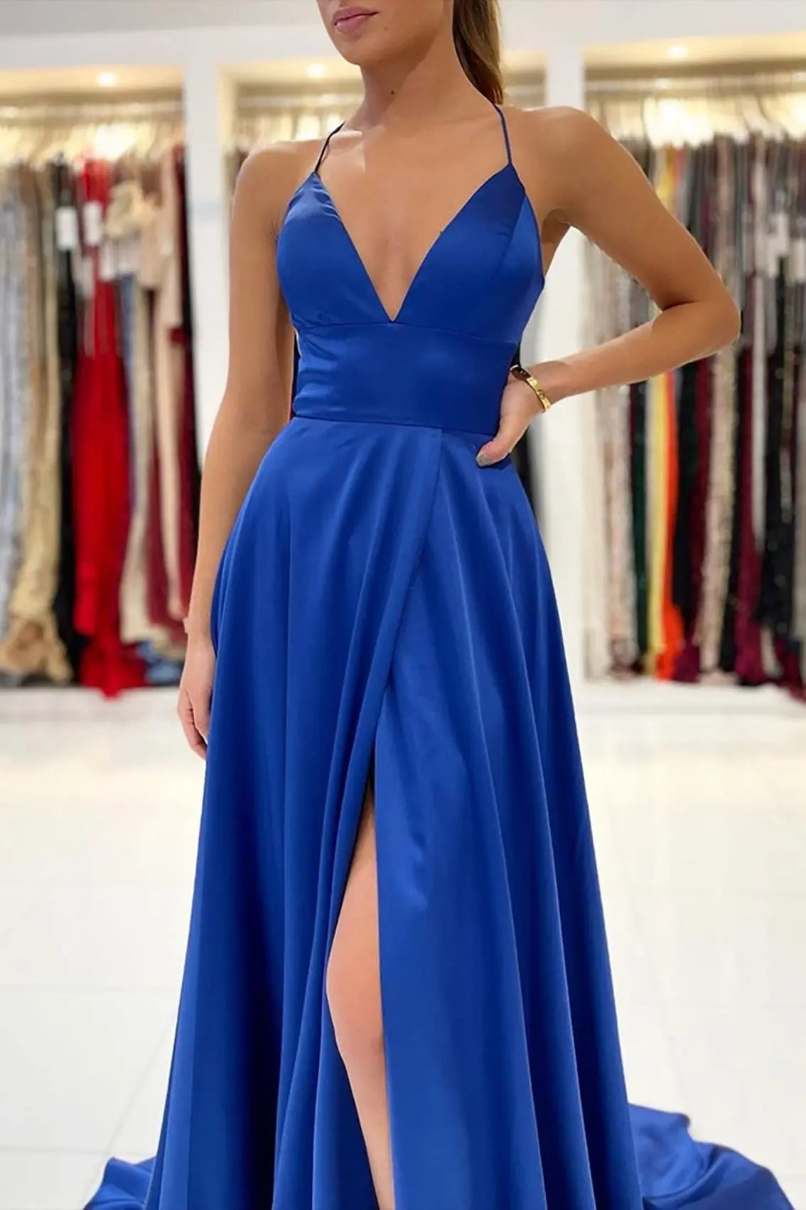 Silk Royal Blue Formal Prom Dresses Split Princess Long Evening Gowns