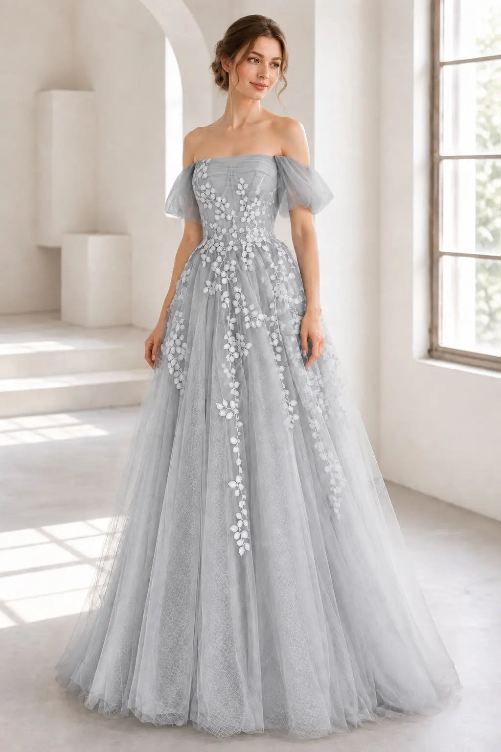 A-Line Tulle Lace Long Prom Dress Off the Shoulder Formal Evening Dress