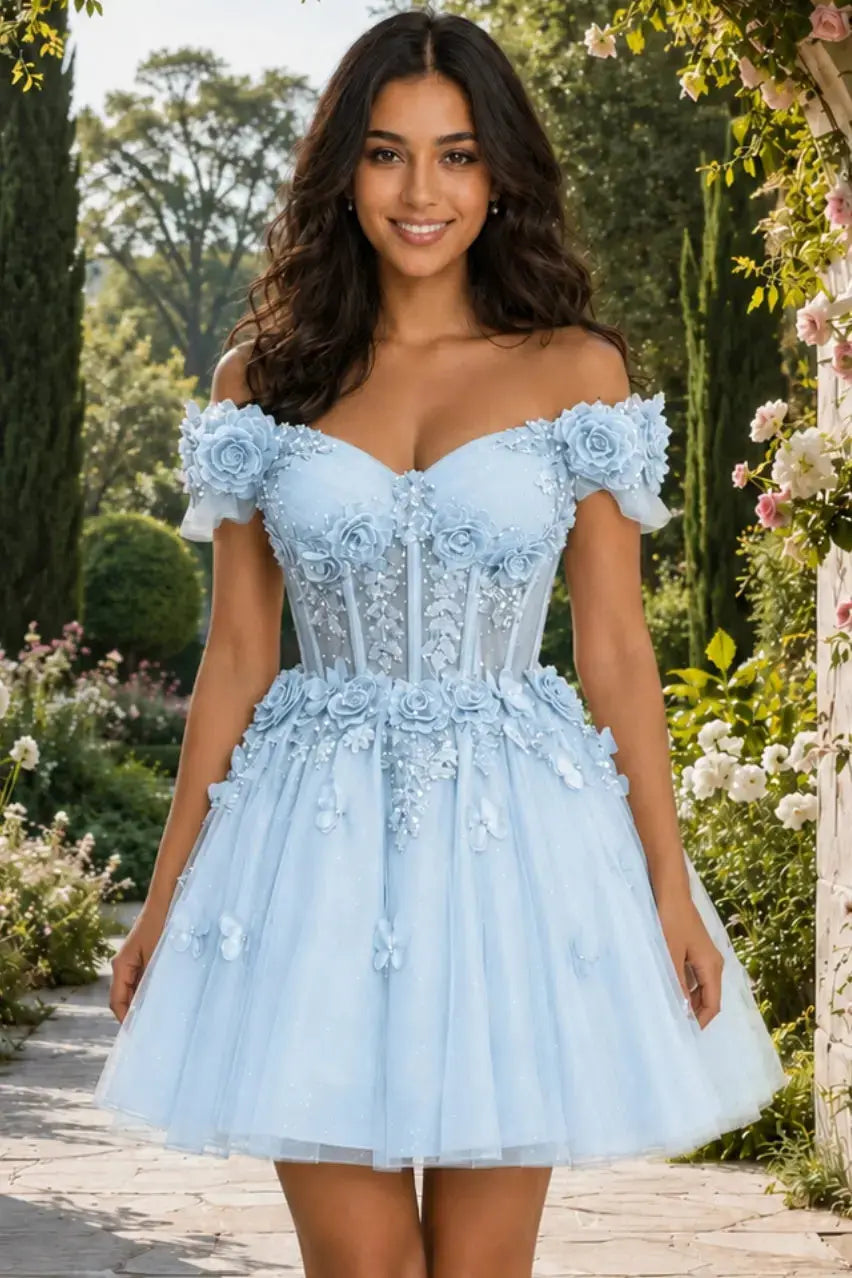 A-line Off-the-Shoulder Tulle Short/Mini Homecoming Dress with Appliqued Flowers Sequins KAIDRESS