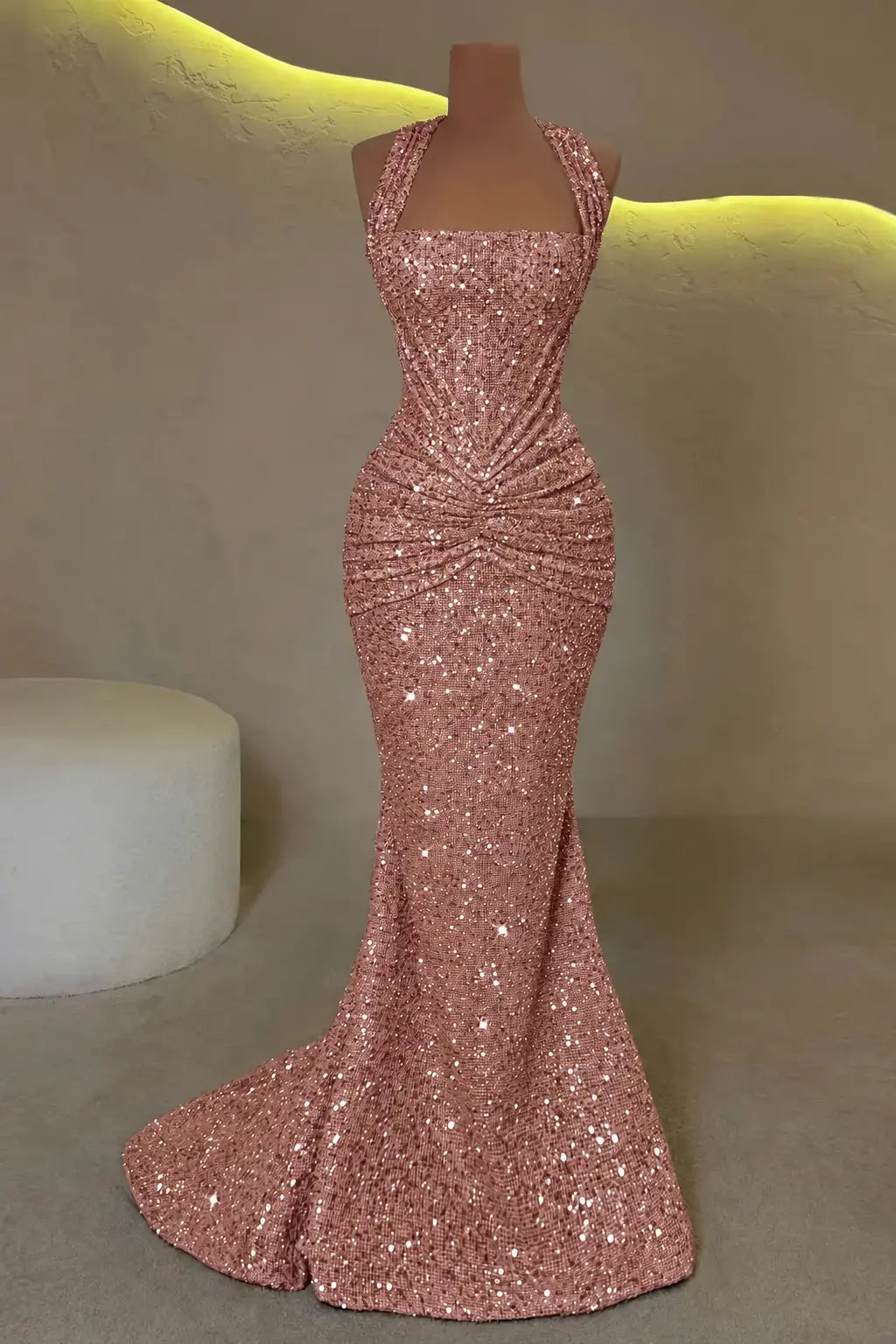 Luxury Mermaid Straps Pleated Sweep Train Corset Sparkly Prom Dress