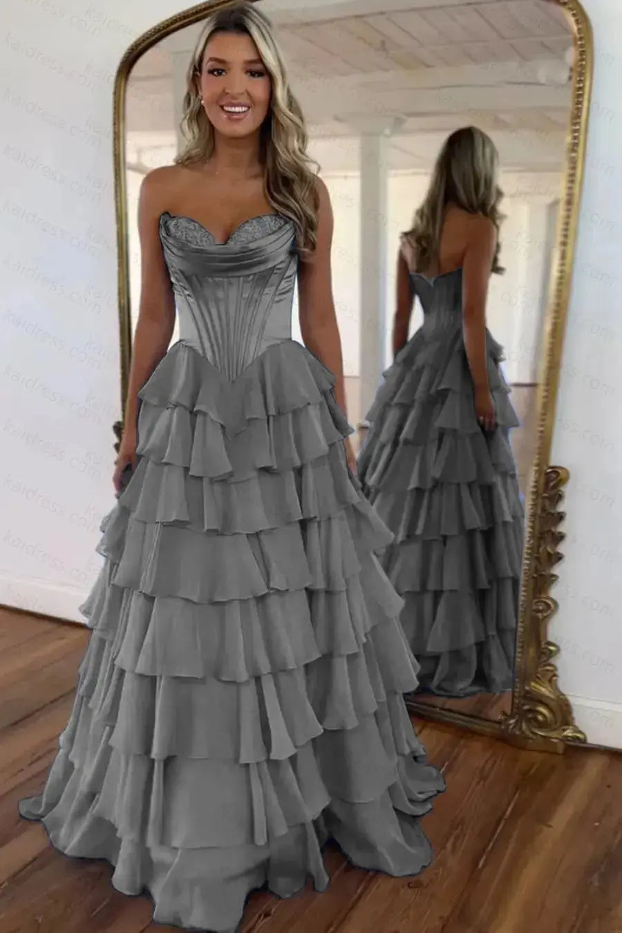 A Line Blue Sweetheart Chiffon Ruffled Long Corset Prom Dress with Slit - KAIDRESS
