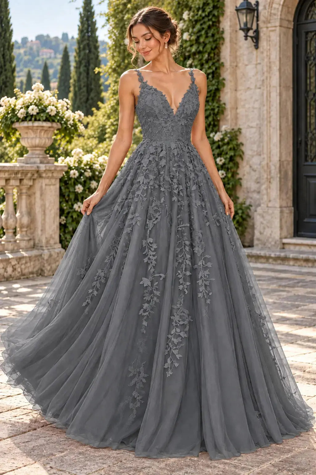 Steel_Grey_Lace_V-Neck_A-Line_rom_Dress_with_Appliques_and_Lace-Up_Back