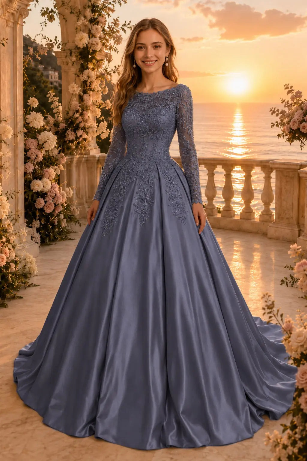 Ball Gown Long Sleeves Off-the-Shoulder Chapel Train Applique Satin Prom Dresses Kaidress