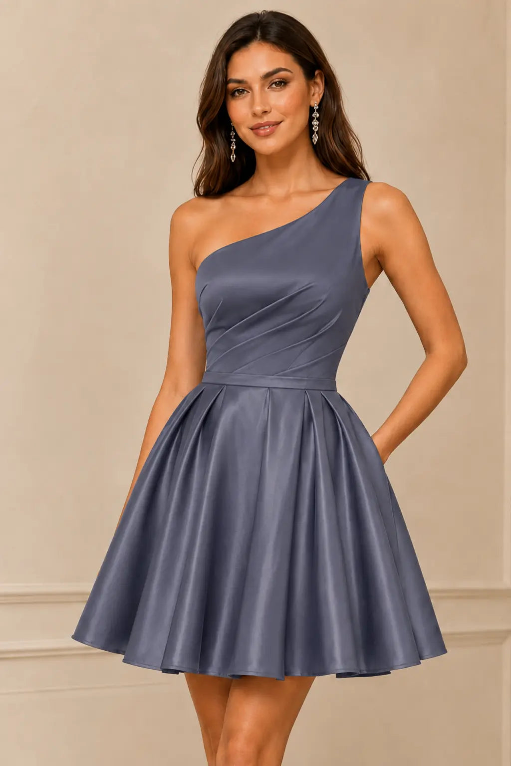 Green One Shoulder Satin Mini A Line Homecoming Dress With Pockets KAIDRESS