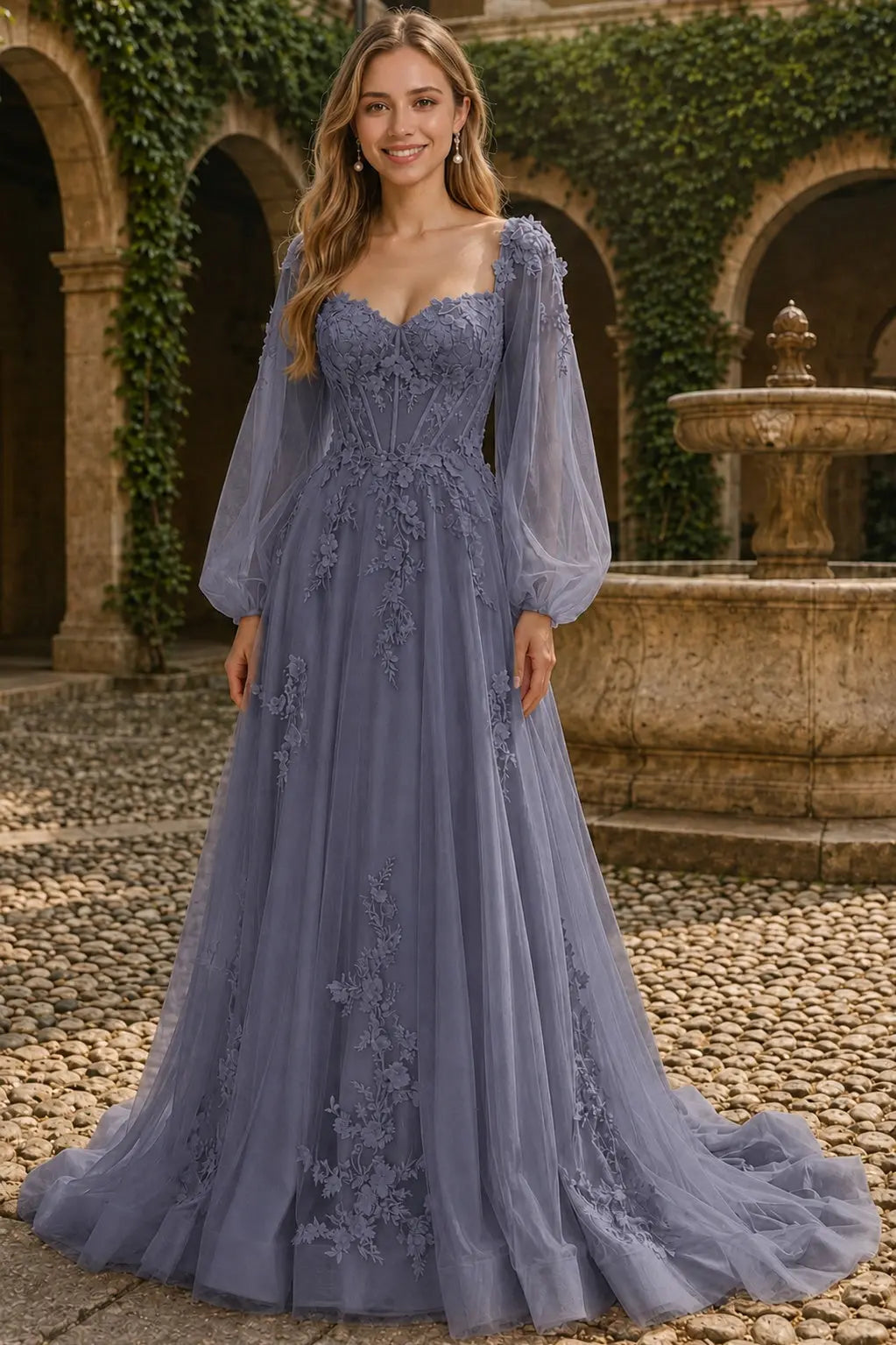 A-line 3D Floral Lace Applique Tulle Long Sleeves Prom Dress KAIDRESS
