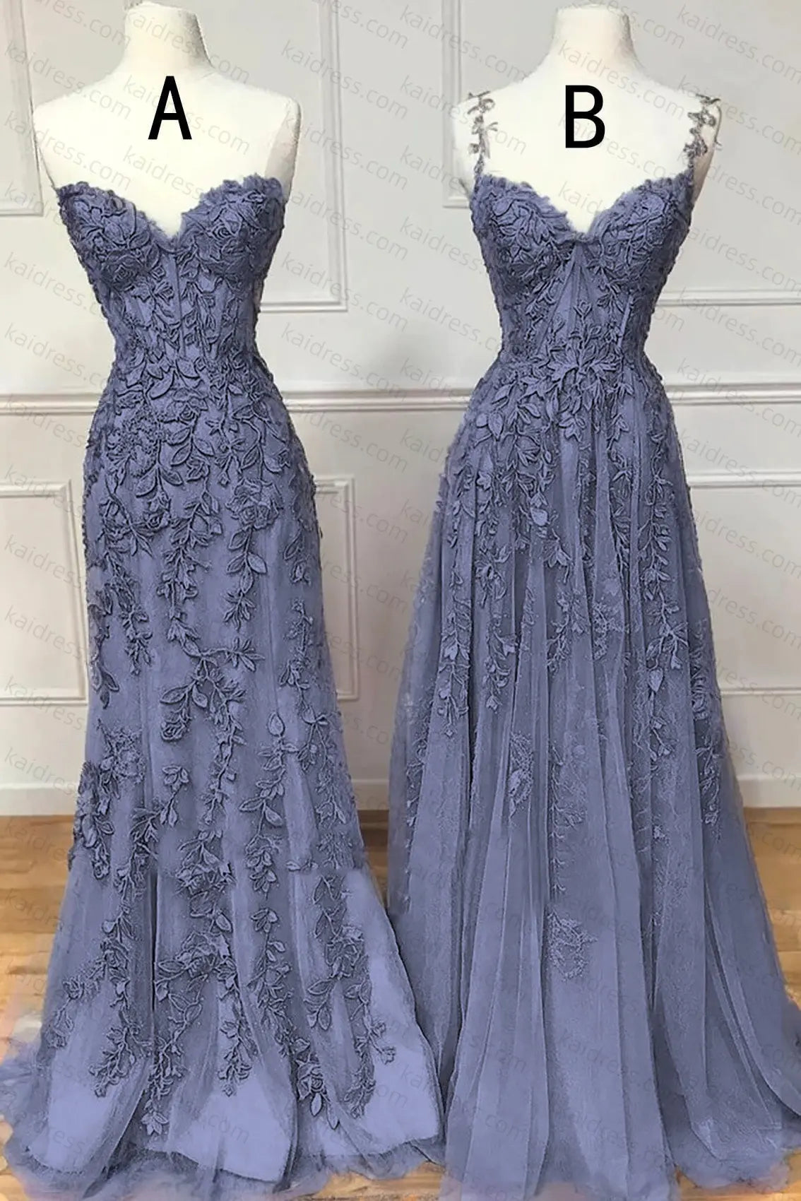 A-line Sweetheart Spaghetti Straps Sweep Train Lace Prom Dress With Beading - KAIDRESS