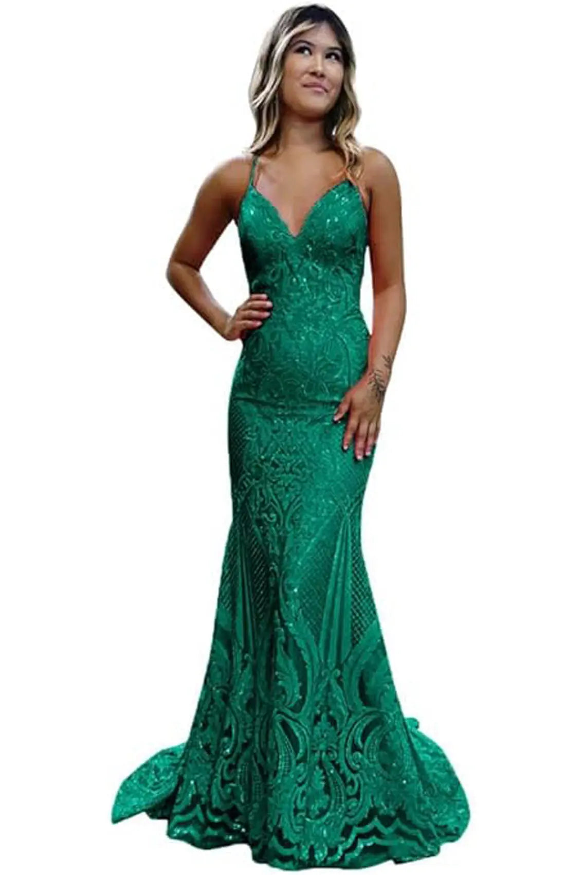 Trumpet/Mermaid V Neck Sleeveless Sweep Train Allover Sparkly Sequined Lace Prom Dress - KAIDRESS