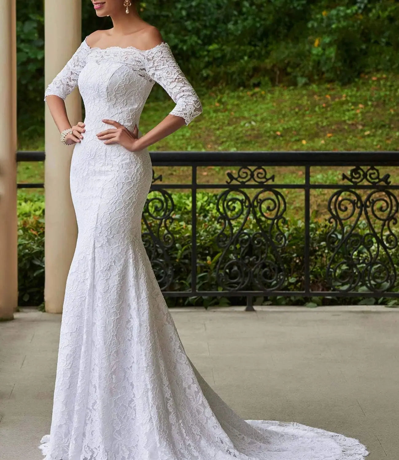 Trumpet/Mermaid Off-the-Shoulder 1/2 Sleeves Lace Court Train Wedding Dresses - KAIDRESS