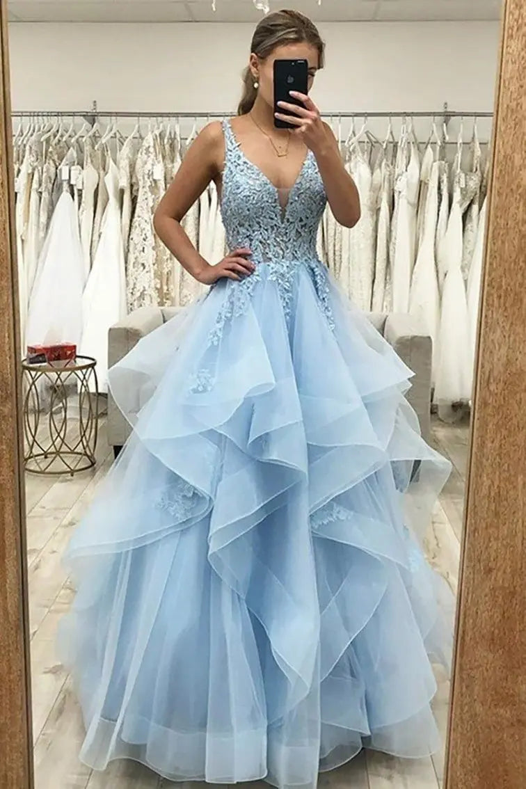 Tulle Blue Formal Prom Dress V-neck Princess Long Modest Evening Gowns