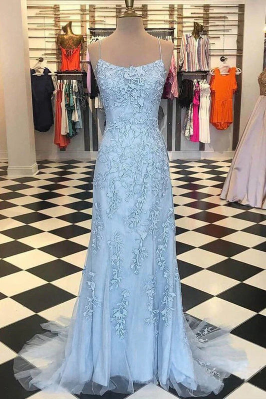Sheath/Column Tulle Applique Prom Dresses Spaghetti Straps Sleeveless Long Formal Evening Gowns Kaidress