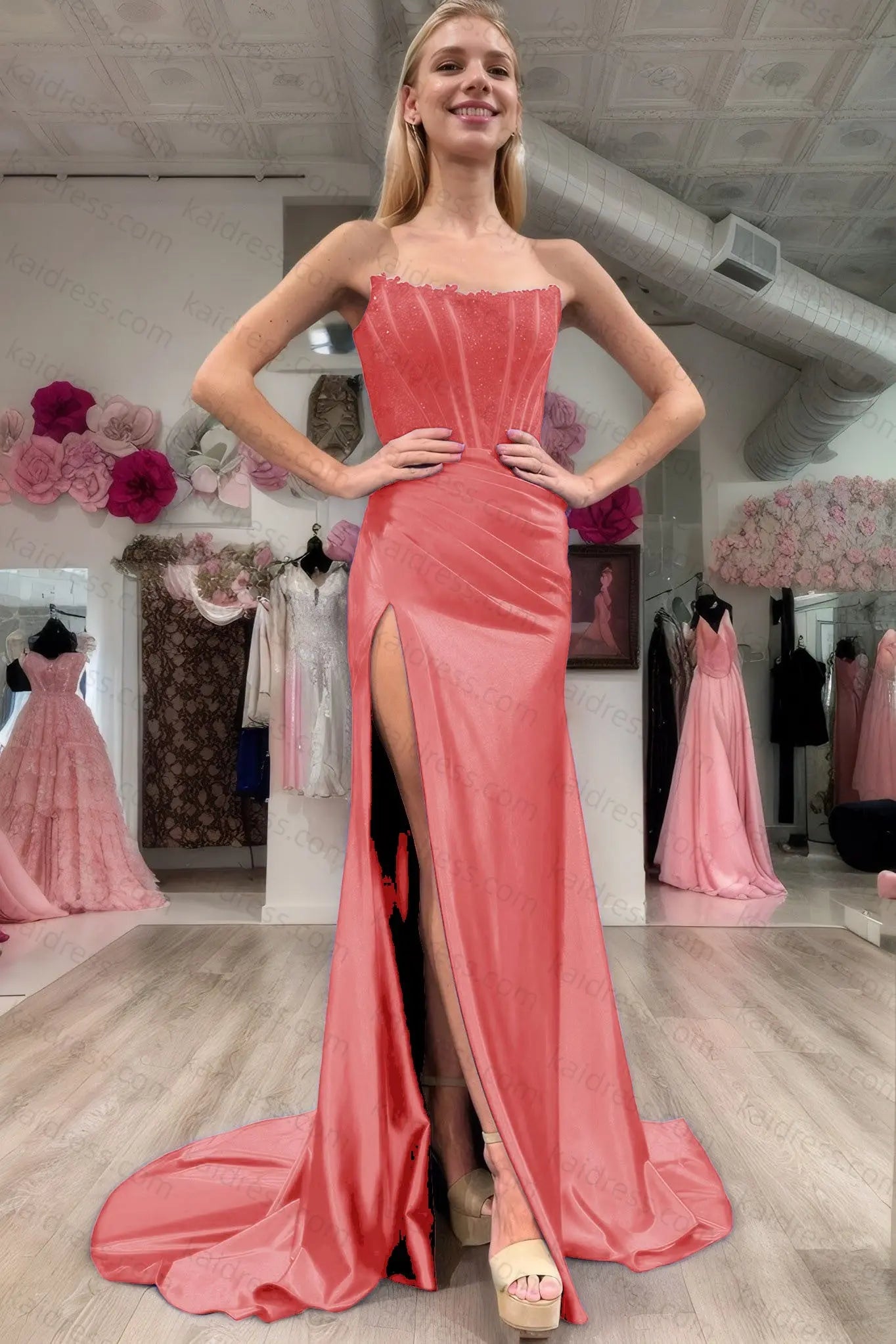Sheath/Column Elastic Woven Satin Ruched Off-the-Shoulder Sleeveless Sweep/Brush Train Prom Dresses - KAIDRESS
