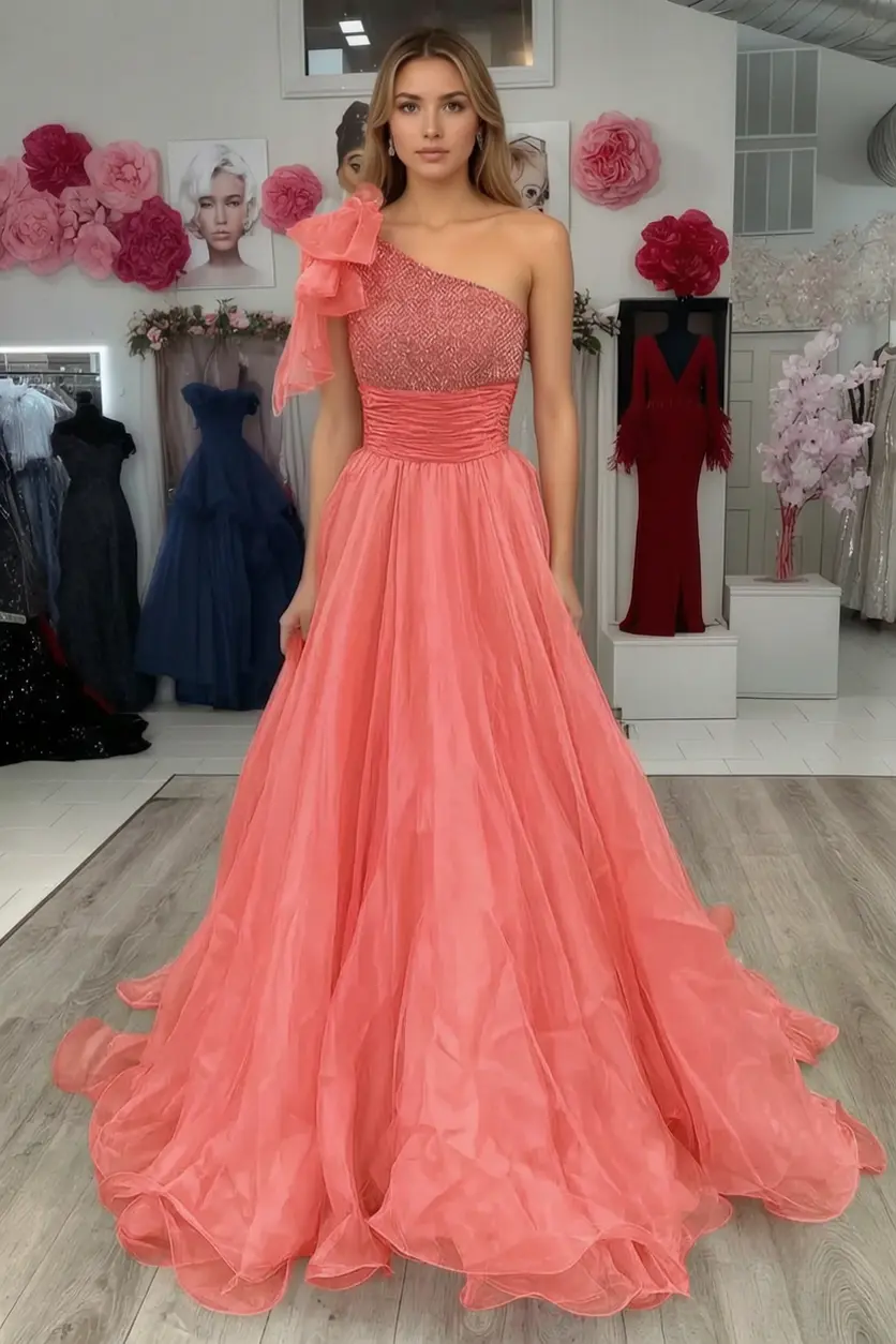 A Line Sparkly Sky Blue One Shoulder Long Prom Dress with Beading KAIDRESS