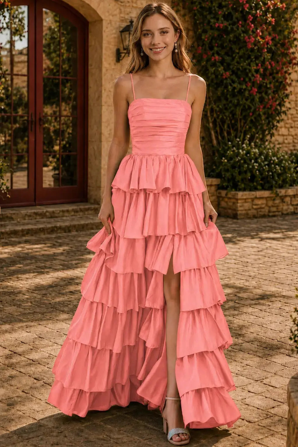 A-line Square Neckline Spaghetti Straps Floor-Length Taffeta Prom Dress with Ruffles Slit KAIDRESS