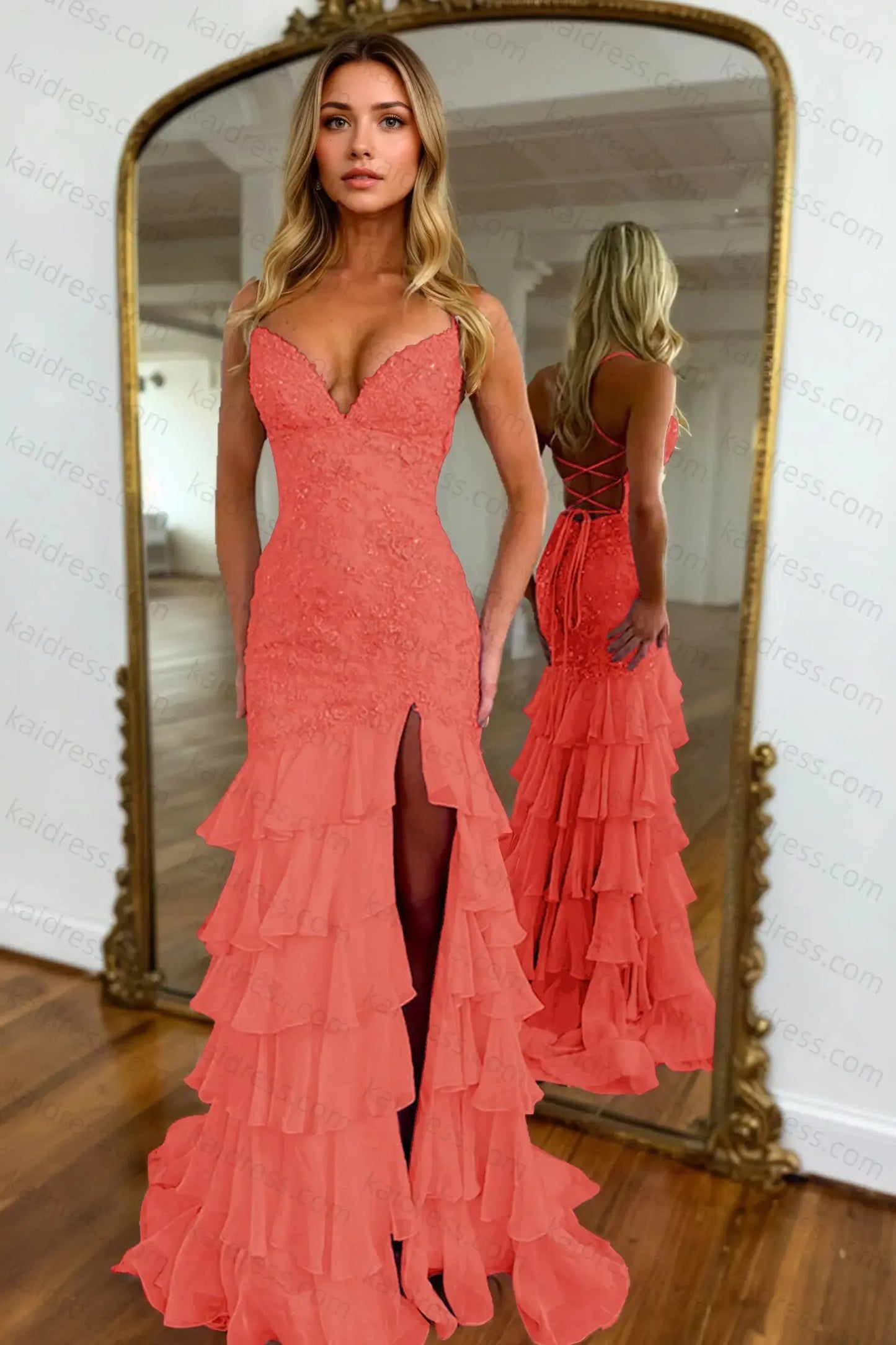 Mermaid Sparkly Lilac Lace Appliques Sheath Tiered Long Chiffon Prom Dress with Slit - KAIDRESS