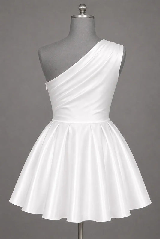 White One Shoulder Satin Mini Homecoming Dress A Line Hoco Dress