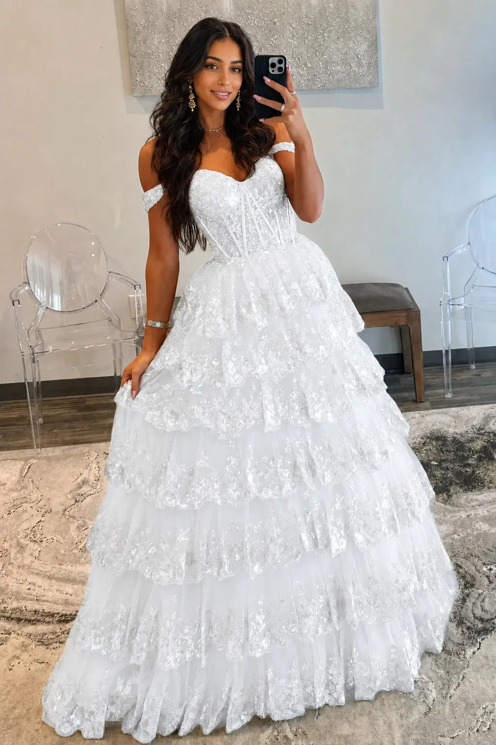 A-Line/Princess Princess Off the Shoulder Sequined Lace Prom Dress KAIDRESS