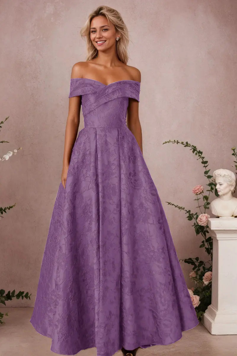 A-Line Off Shoulder Satin Burgundy Long Prom Dress Floral Jacquard Formal Ball Gowns - KAIDRESS