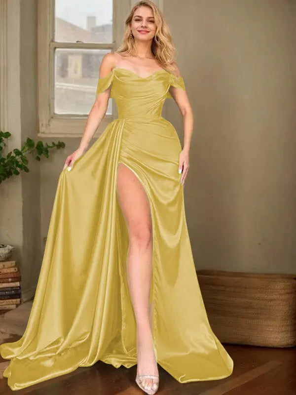Sheath/Column Silk Like Satin Ruched Off-the-Shoulder Sleeveless Sweep/Brush Train Dresses - KAIDRESS