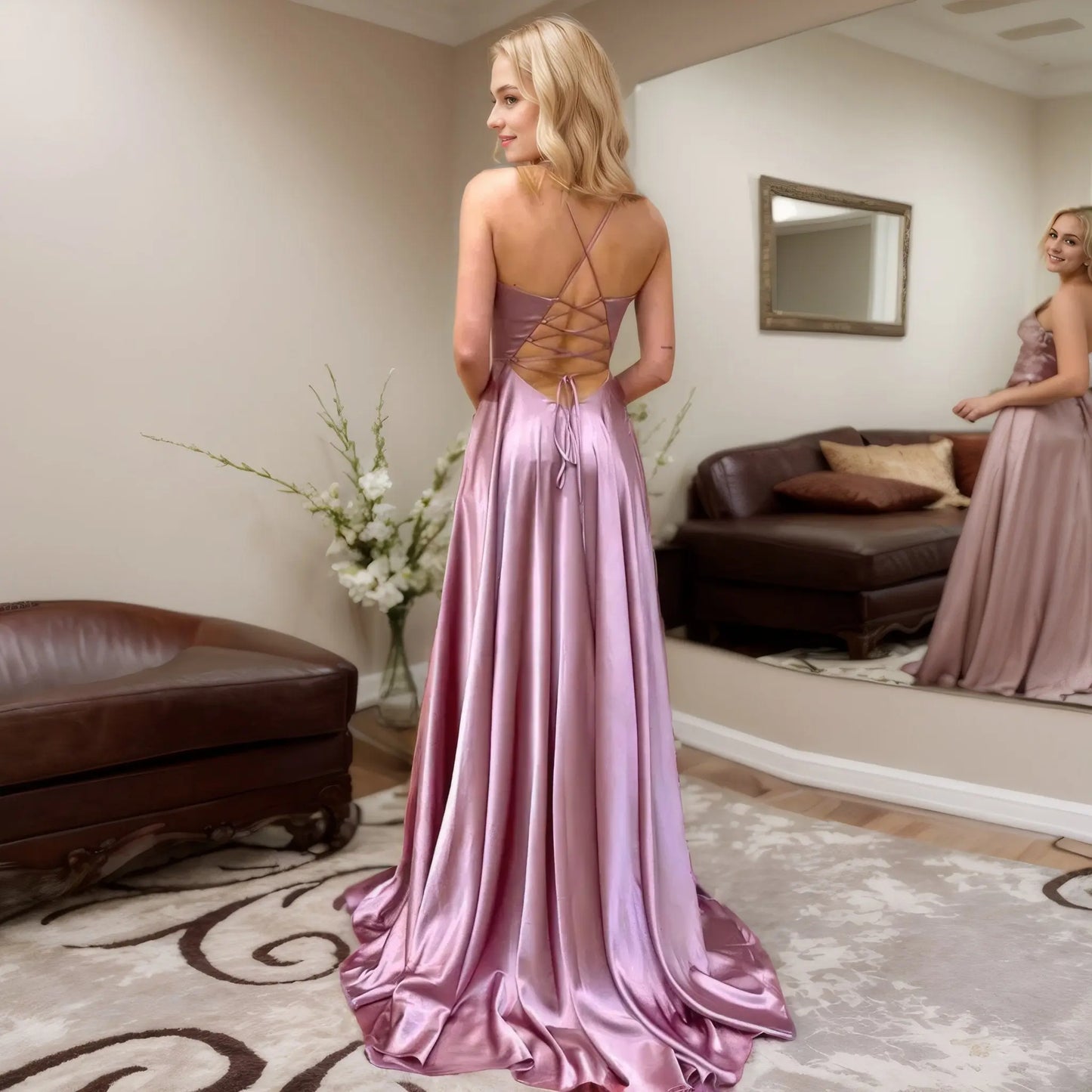 A-line V Neck Sleeveless Charmeuse Sweep Train Prom Dress With Split