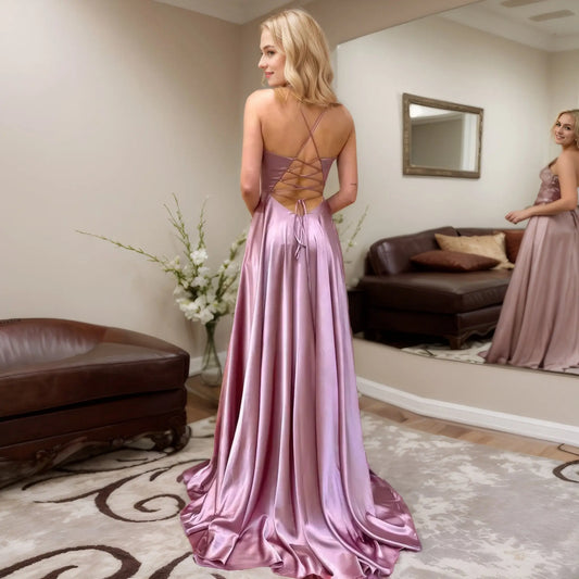 A-line V Neck Sleeveless Charmeuse Sweep Train Prom Dress With Split