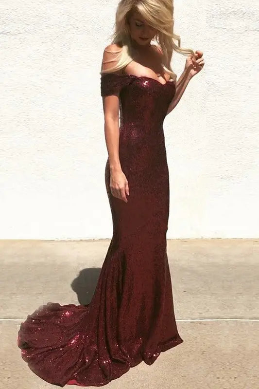 Sheath/Column Sweep/Brush Train Off-the-Shoulder Sleeveless Sequins Ruched Dresses