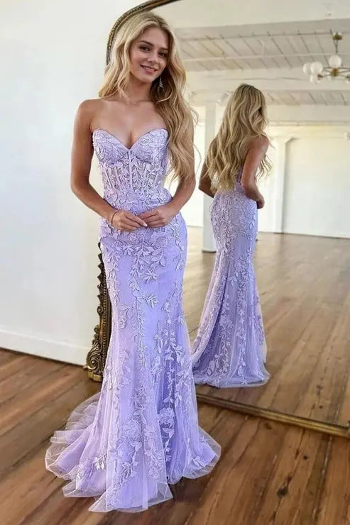 Sheath/Column Tulle Applique Sweetheart Sleeveless Sweep/Brush Train Prom Dresses - KAIDRESS
