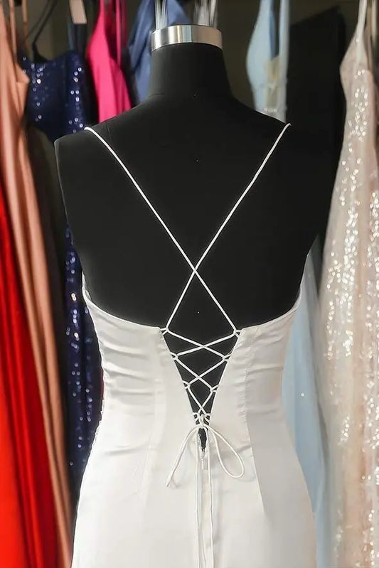 Sheath/Column Elastic Woven Satin Ruched Spaghetti Straps Sleeveless Sweep/Brush Train Prom Dresses