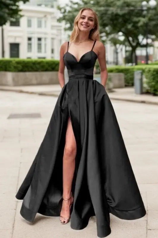 Satin Prom Dress A-line/Princess Long/Floor-Length Sleeveless With Split Pockets - KAIDRESS