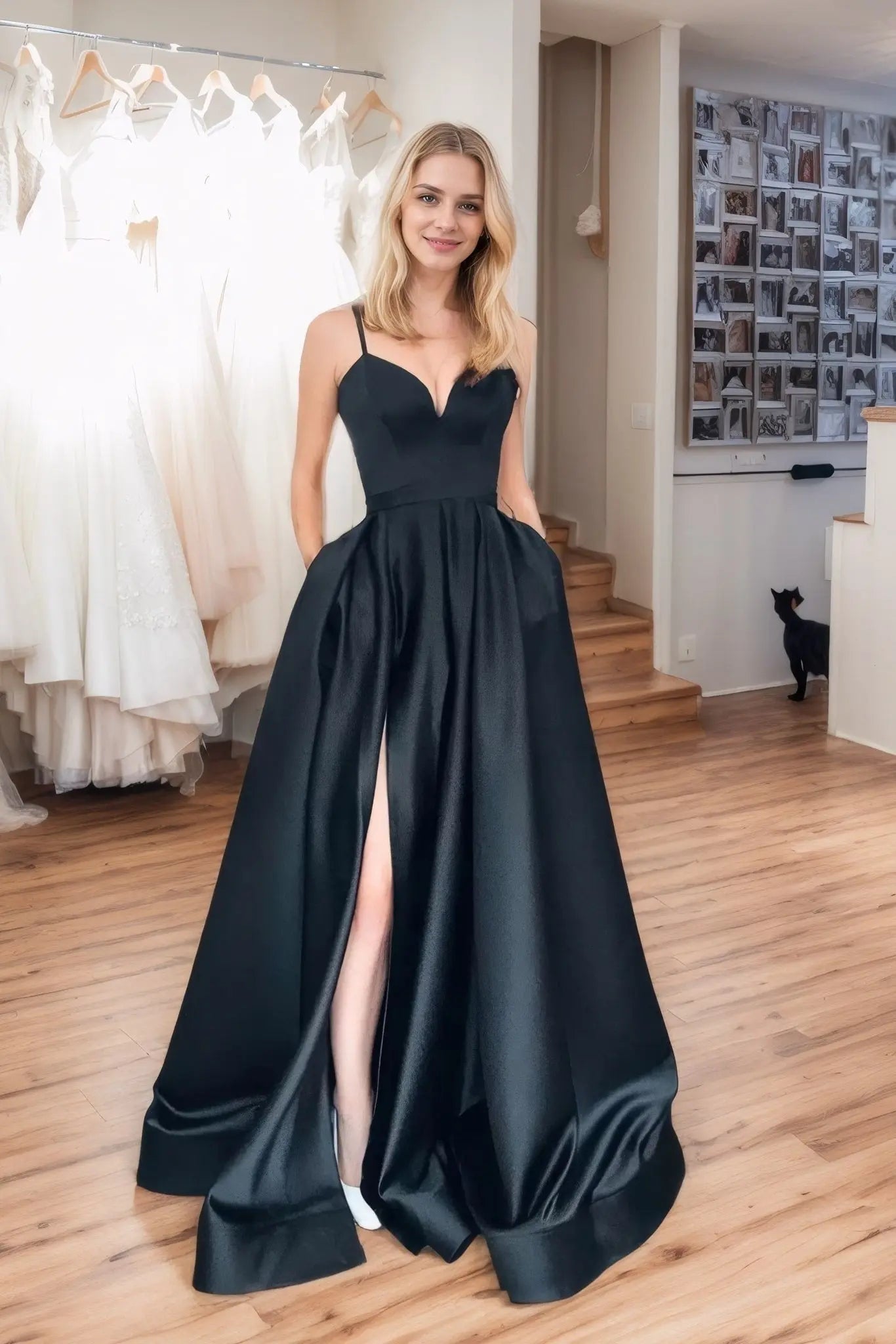 Satin Prom Dress A-line/Princess Long/Floor-Length Sleeveless With Split Pockets - KAIDRESS