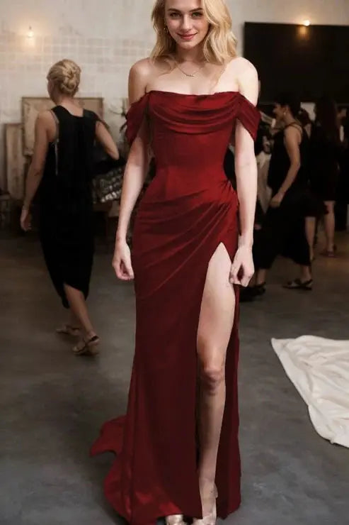 Sheath/Column Off-the-Shoulder Short Sleeve Sweep Train Satin Prom Dress With Pleated - KAIDRESS