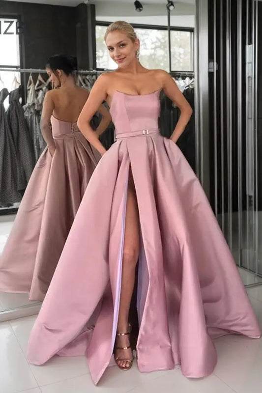 A-line Square Neckline Long/Floor-Length Satin Prom Dresses With Pockets Split