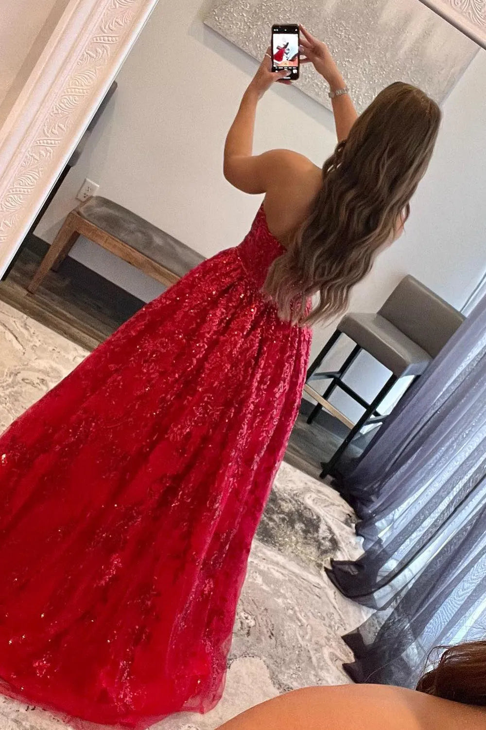 A-line Bateau Strapless Long/Floor-Length Lace Prom Dresses With Pockets Special Occasion Dresses