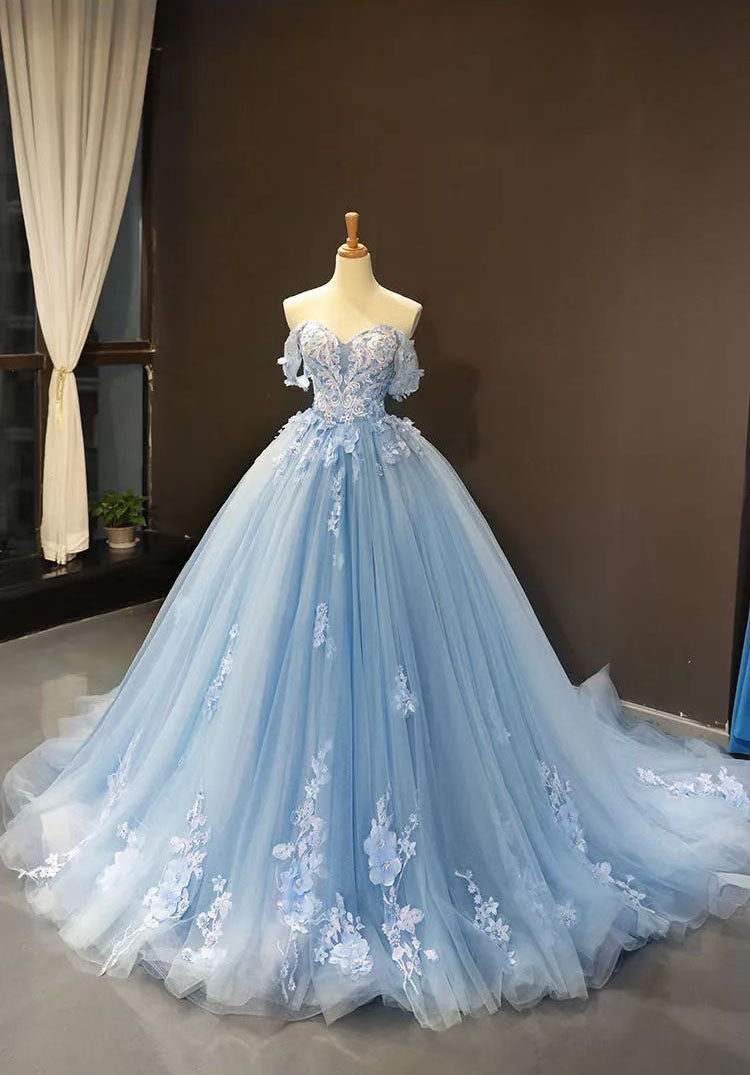 A-Line Off the Shoulder Tulle Applique Long Quinceañera Dresses Blue Formal Prom Dress