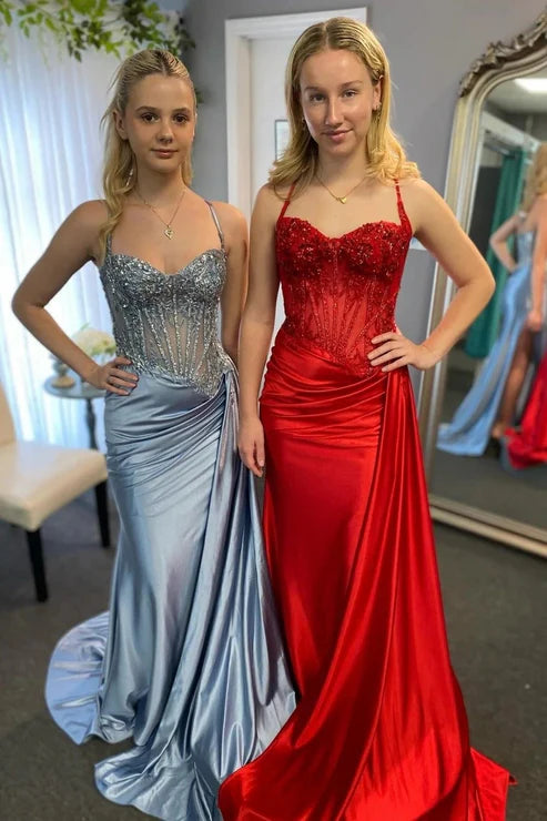 Sheath/Column Silk Spaghetti Straps Green Appliqued Sleeveless Prom Dresses With Split